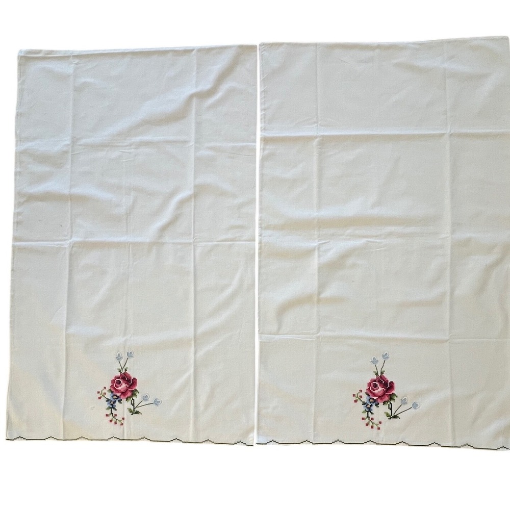Vintage Cross Stitch Rose Pillowcase Pair White Cotton Floral Embroidery Cottage